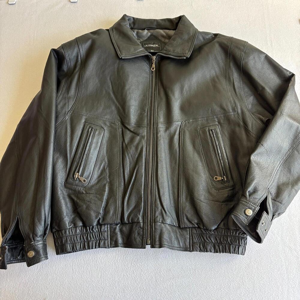 Outbrook Leather Bomber Jacket Mens Large Black Zip Lined Classic Casual Coat